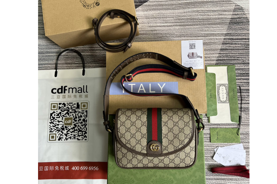 Gucci 722117 Ophidia GG mini shoulder bag in Beige and ebony GG Supreme canvas
