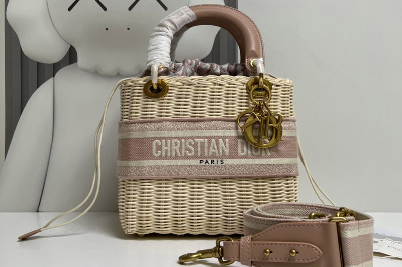 Christian Dior M0565 Medium Lady Dior handbag in Natural Wicker and Pink Dior Oblique Jacquard