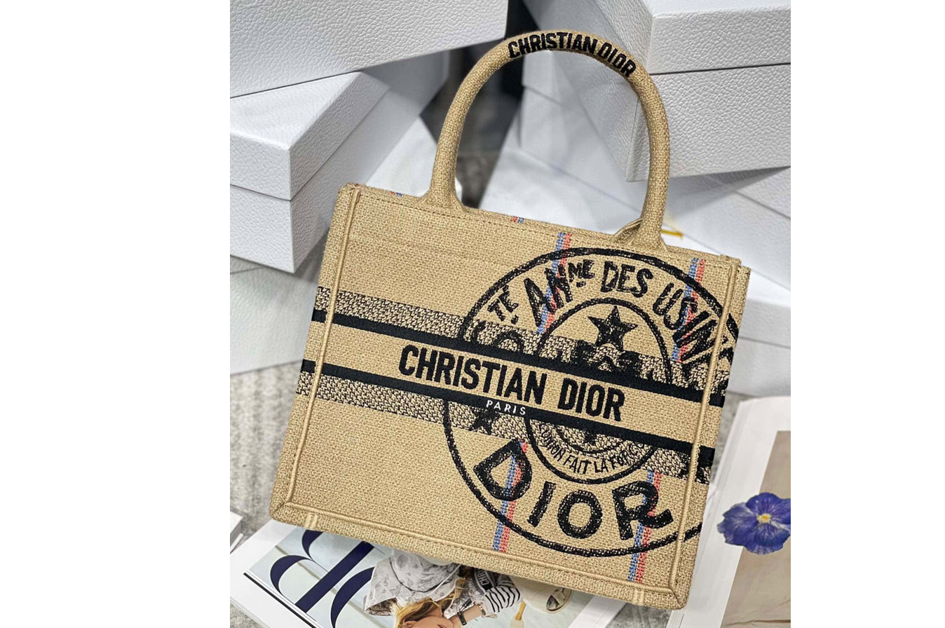 Dior M1265 Christian Dior Small Dior Book Tote Bag in Beige Jute Canvas Embroidered with Dior Union Motif