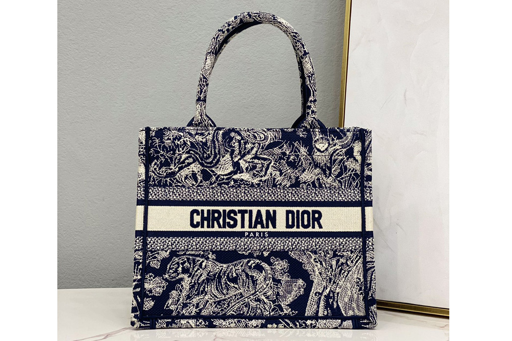 Christian Dior M1265 Small Dior Book Tote Bag in Blue Toile de Jouy Reverse Embroidery
