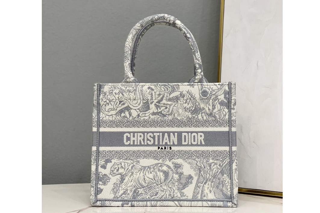 Christian Dior M1265 Small Dior Book Tote Bag in Grey Toile de Jouy Reverse Embroidery