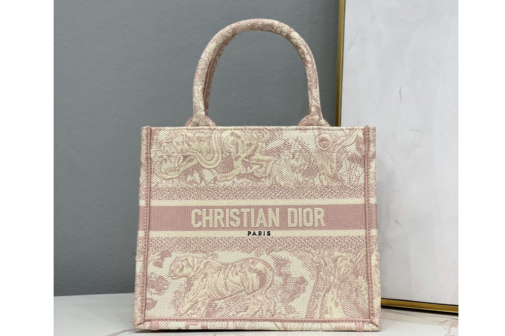 Christian Dior M1265 Small Dior Book Tote Bag in Pink Toile de Jouy Reverse Embroidery