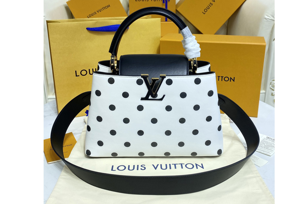 Louis Vuitton M20374 LV Capucines MM handbag on Black/White Taurillon Calfskin leather