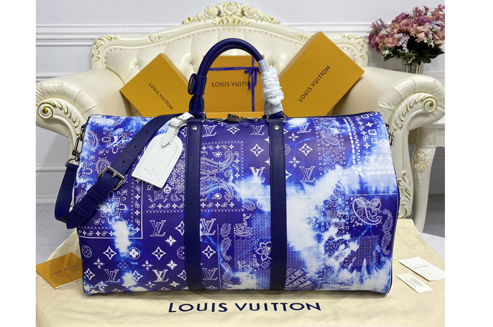 Louis Vuitton M20558 LV Keepall Bandoulière 50 soft travel bag in Blue cowhide leather