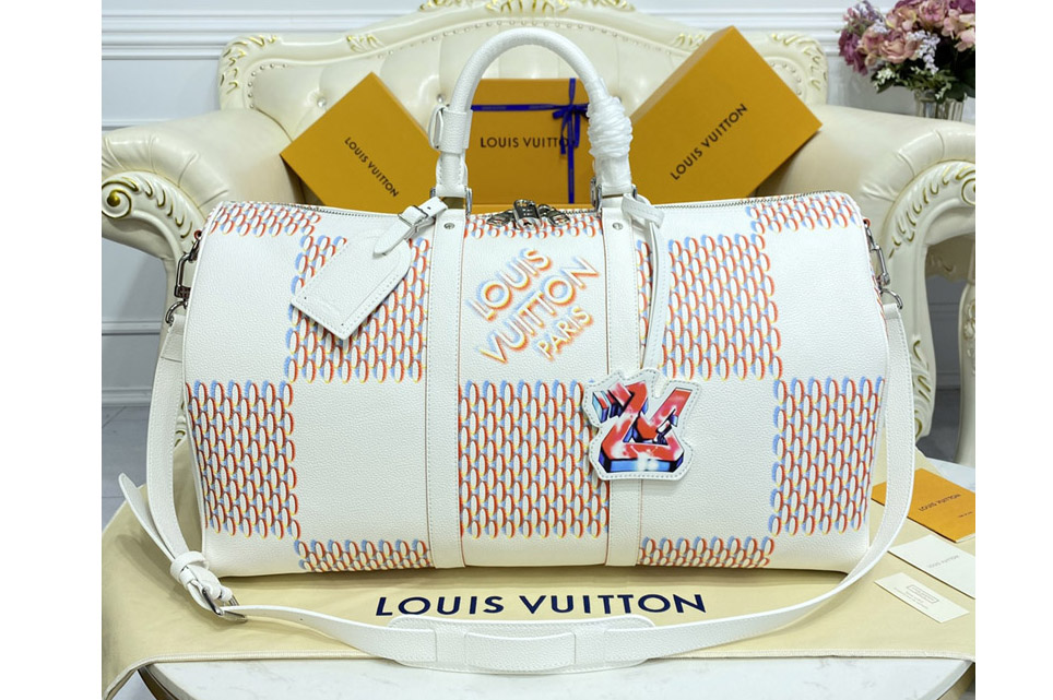 Louis Vuitton M20563 LV Keepall Bandoulière 50 travel bag in White Damier Spray cowhide leather