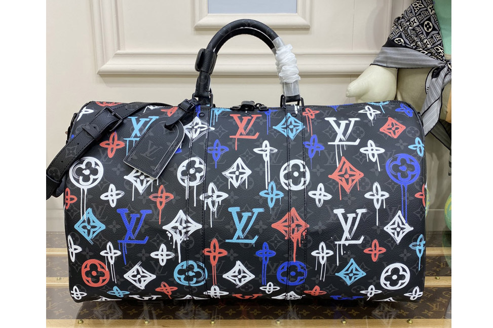 Louis Vuitton M21384 LV Keepall Bandouliere 50 travel bag in Monogram Eclipse canvas with the Monogram Blossoms