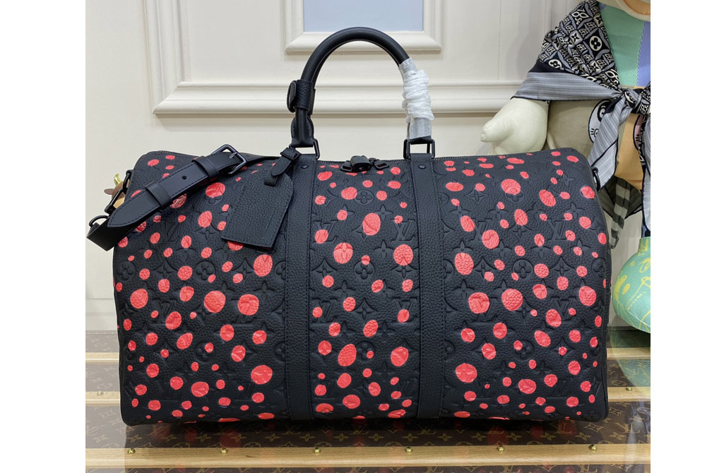 Louis Vuitton M21674 LV LV x YK Keepall 50 travel bag in Black and red Taurillon Monogram cowhide with Infinity Dots print