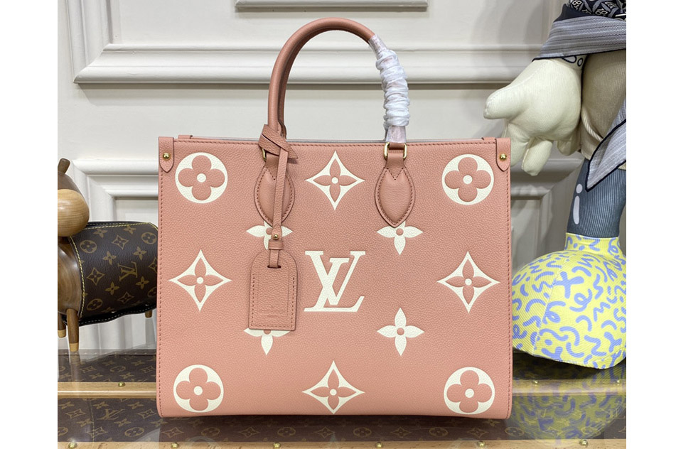Louis Vuitton M45595 LV Onthego MM tote bag in Pink/Cream Monogram Empreinte leather