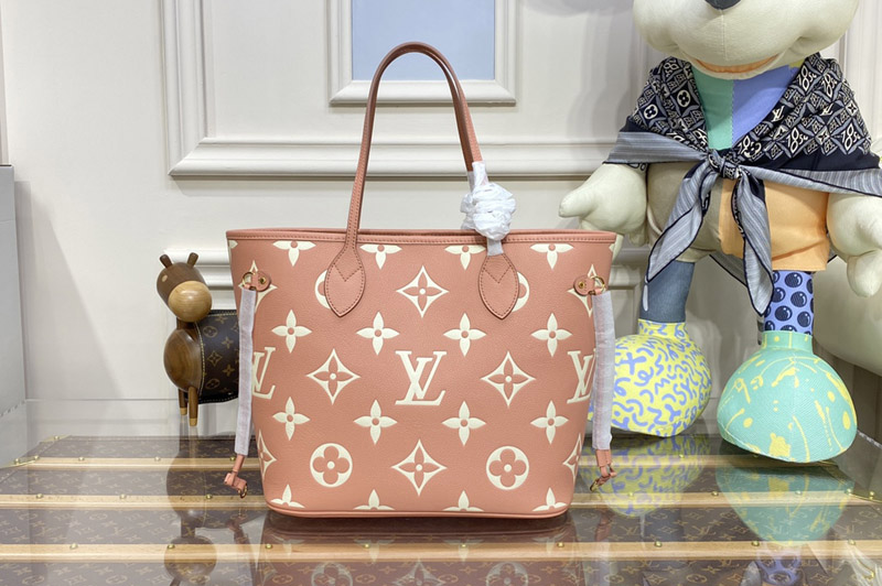 Louis Vuitton M45685 LV Neverfull MM tote bag in Pink/Cream Monogram Empreinte leather