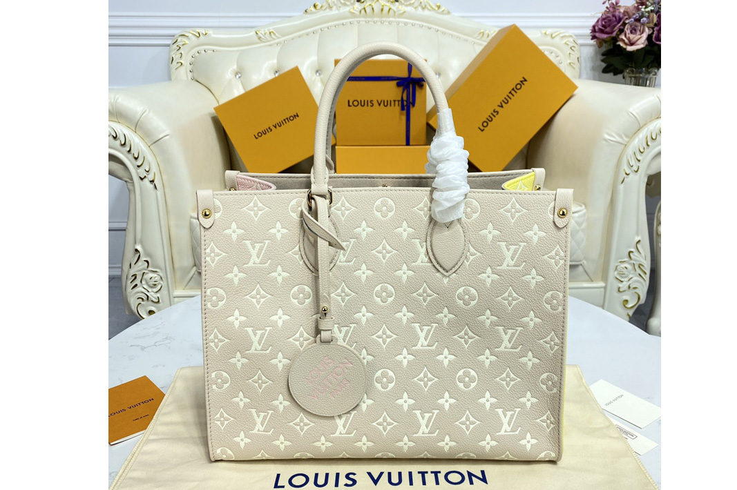 Louis Vuitton M46128 LV OnTheGo tote bag on Beige/Pink/Yellow Monogram Empreinte Leather