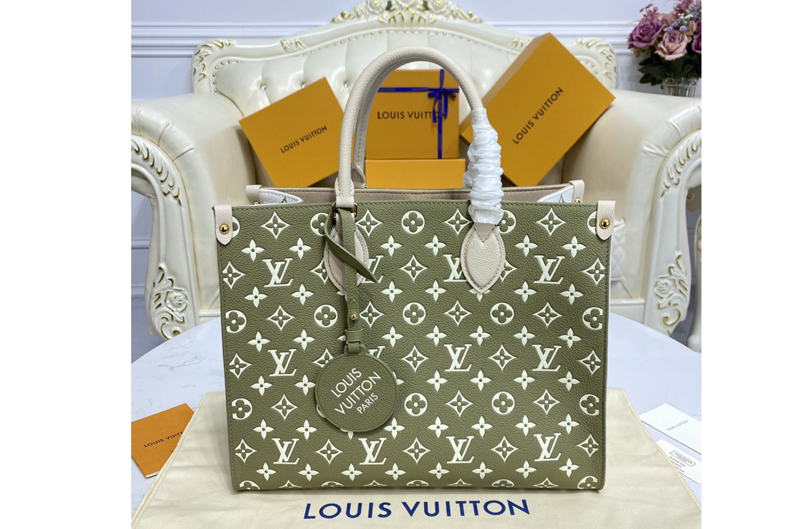 Louis Vuitton M46060 LV OnTheGo tote bag on Khaki Green/Beige/Cream Monogram Empreinte Leather