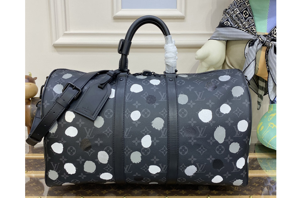 Louis Vuitton M46400 LV LVxYK Keepall 45 Bag in Black and silver Monogram Eclipse coated canvas with 3D Painted Dots print
