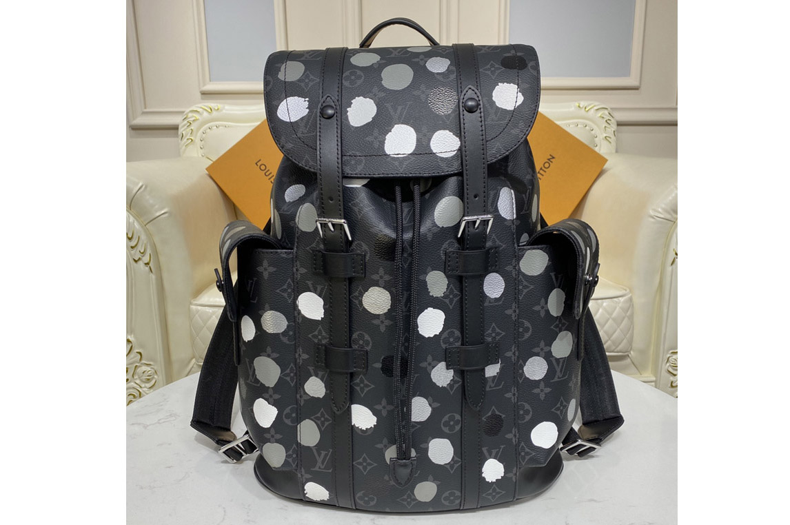 Louis Vuitton M46433 LV LVxYK Christopher MM backpack in Monogram Eclipse coated canvas with 3D Painted Dots print