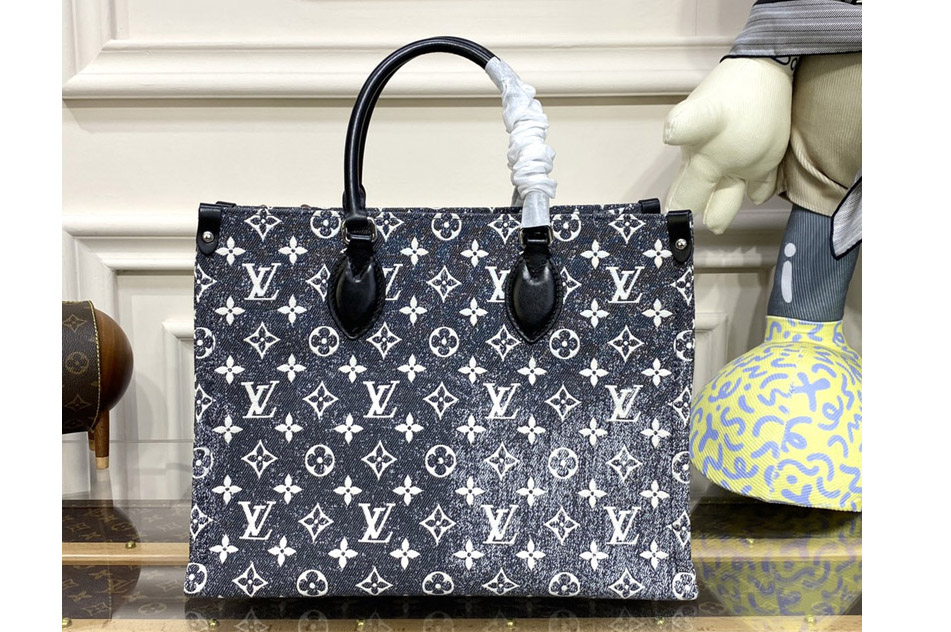 Louis Vuitton M46448 LV OnTheGo MM tote Bag in Gray Denim textile jacquard