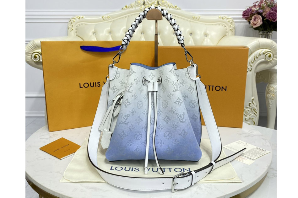 Louis Vuitton M57853 LV Muria bucket bag in Blue Mahina perforated calf leather
