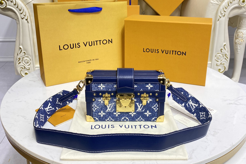 Louis Vuitton M59717 LV Petite Malle handbag in Navy Blue Monogram denim jacquard
