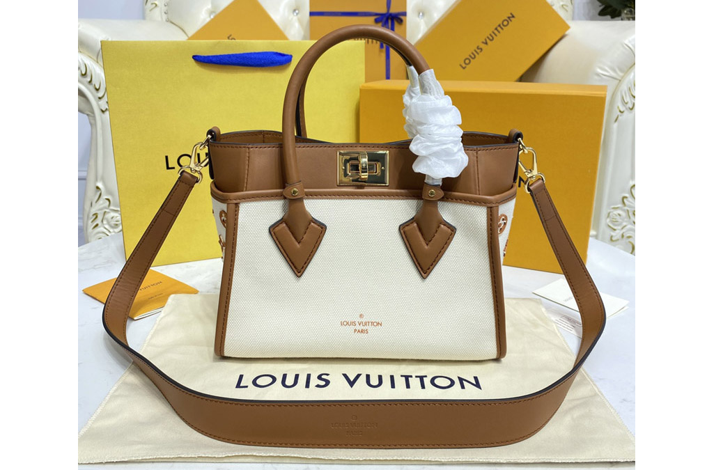 Louis Vuitton M59905 LV On My Side PM Tote Bag canvas with Brown smooth leather