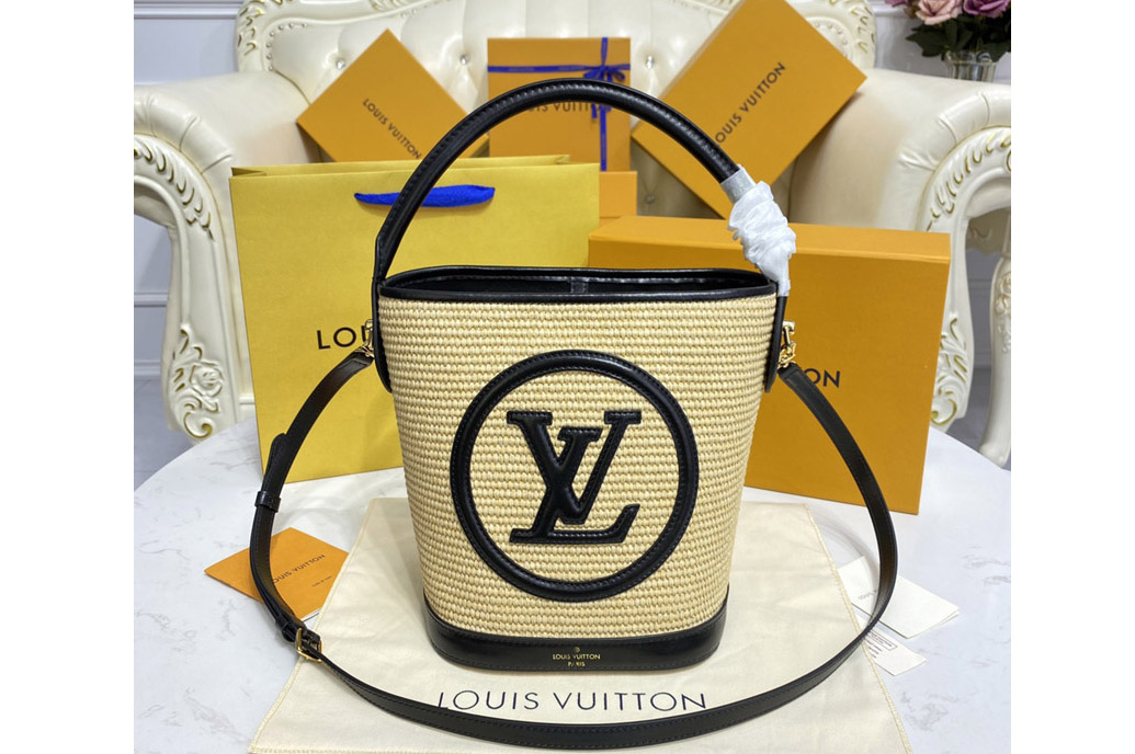Louis Vuitton M59961 LV Petit Bucket bag in Black knitted raffia