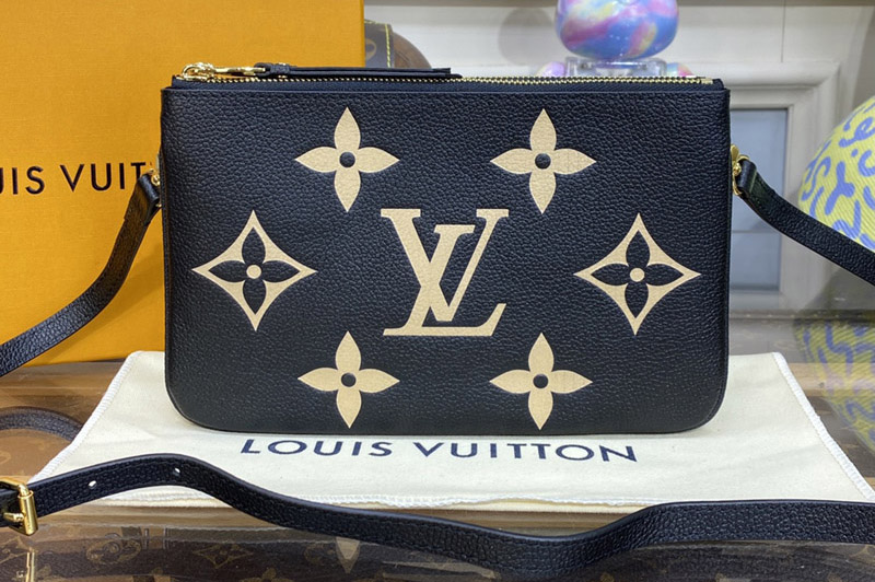 Louis Vuitton M80787 LV Double Zip Pochette Bag in Black and Beige Monogram Empreinte leather