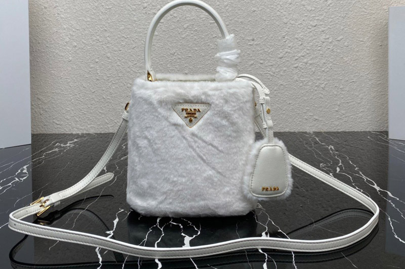 Prada 1BA373 Prada Panier shearling mini-bag in White shearling