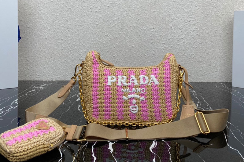 Prada 1BH204 Prada Re-Edition 2005 raffia bag in Tan/Pink
