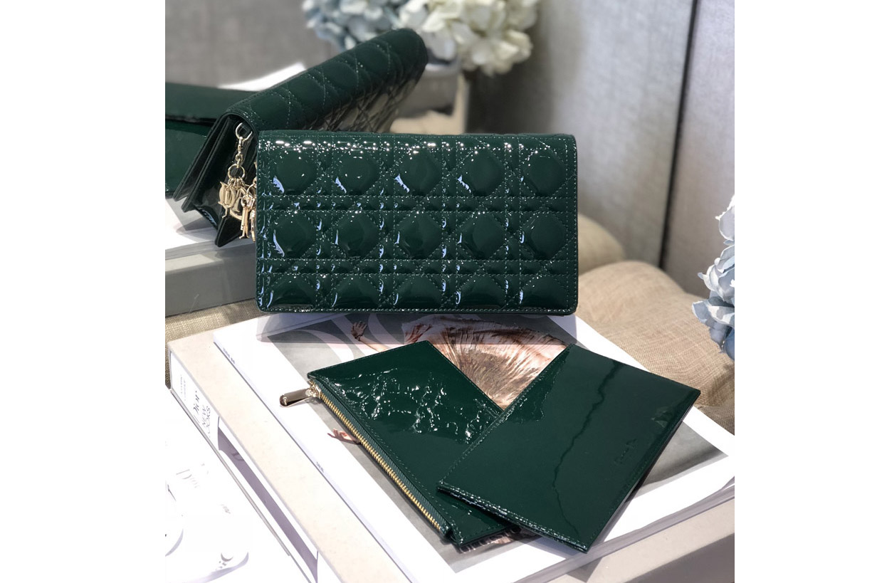 Dior S0204 Lady Dior pouch in Green Patent Cannage Calfskin