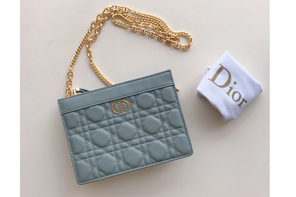 Christian Dior S5106 Dior Caro zipped pouch with chain in Light Blue Supple Cannage Calfskin