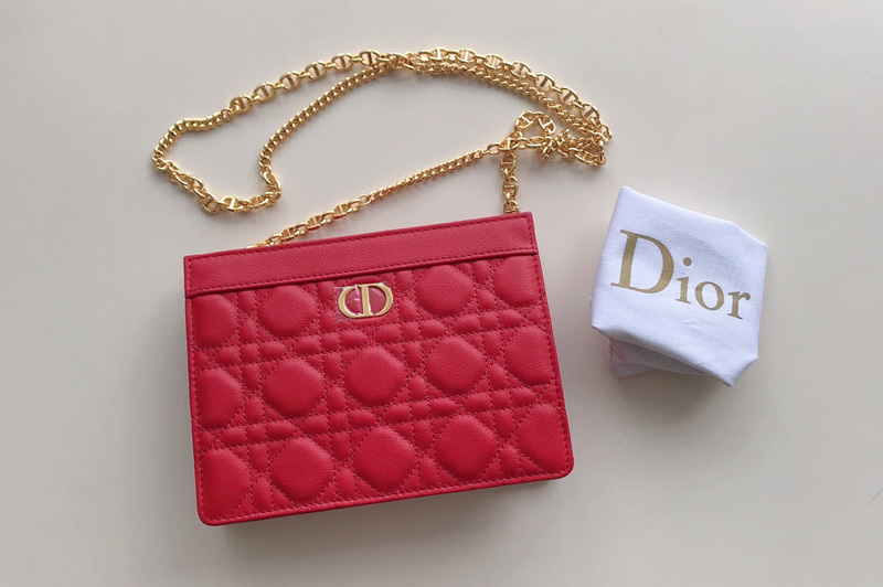Christian Dior S5106 Dior Caro zipped pouch with chain in Red Supple Cannage Calfskin