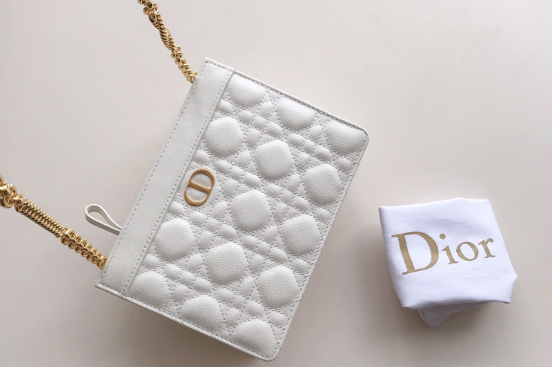 Christian Dior S5106 Dior Caro zipped pouch with chain in White Supple Cannage Calfskin