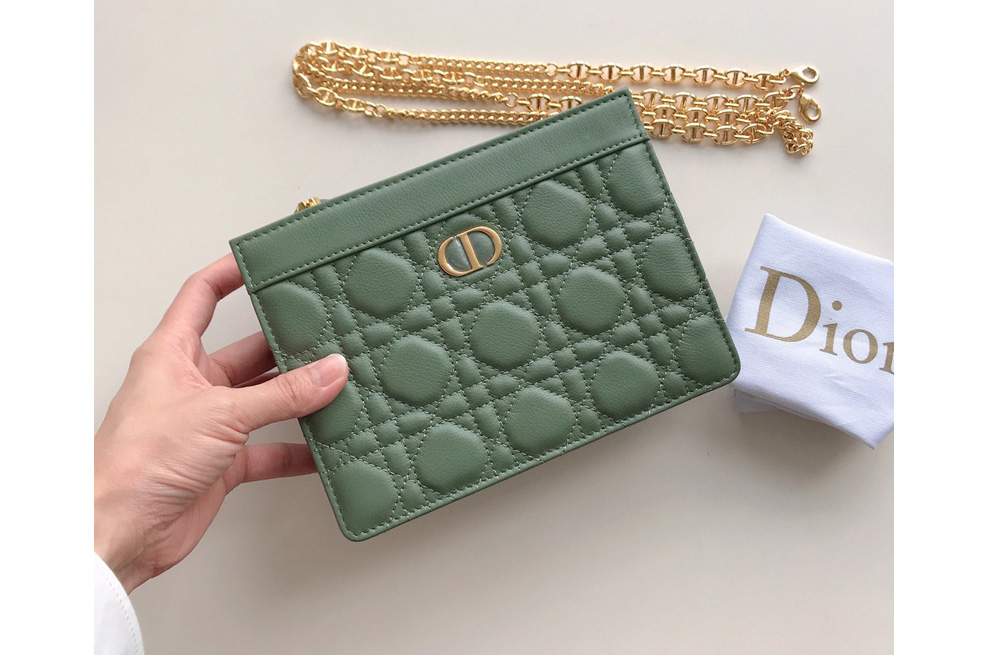 Christian Dior S5106 Dior Caro zipped pouch with chain in Green Supple Cannage Calfskin