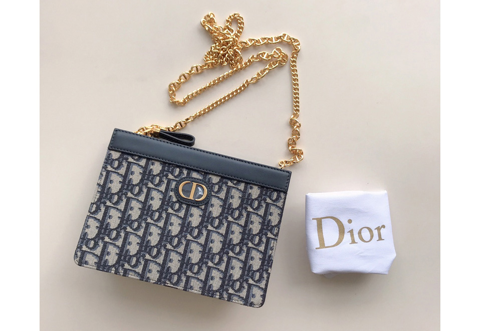 Christian Dior S5106 Dior Caro zipped pouch with chain in Blue Dior Oblique Embroidered