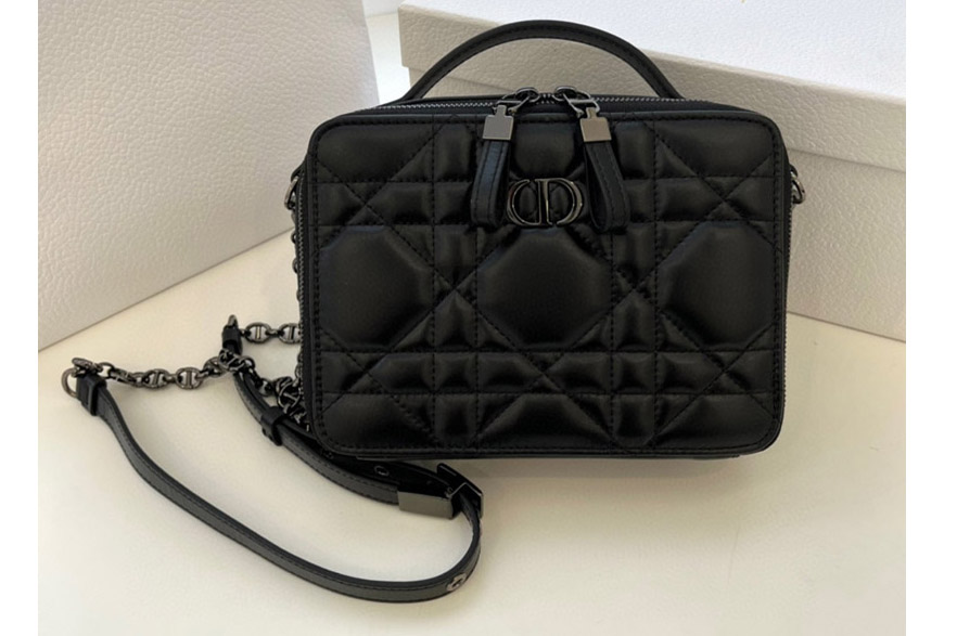 Dior S5140 Dior Caro box bag with chain in Black Quilted Macrocannage Calfskin