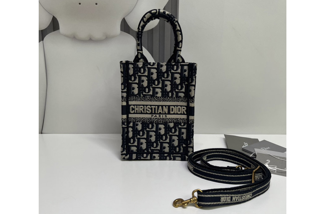 Christian Dior S5555 Mini Dior Book Tote Phone Bag in Blue Dior Oblique Jacquard