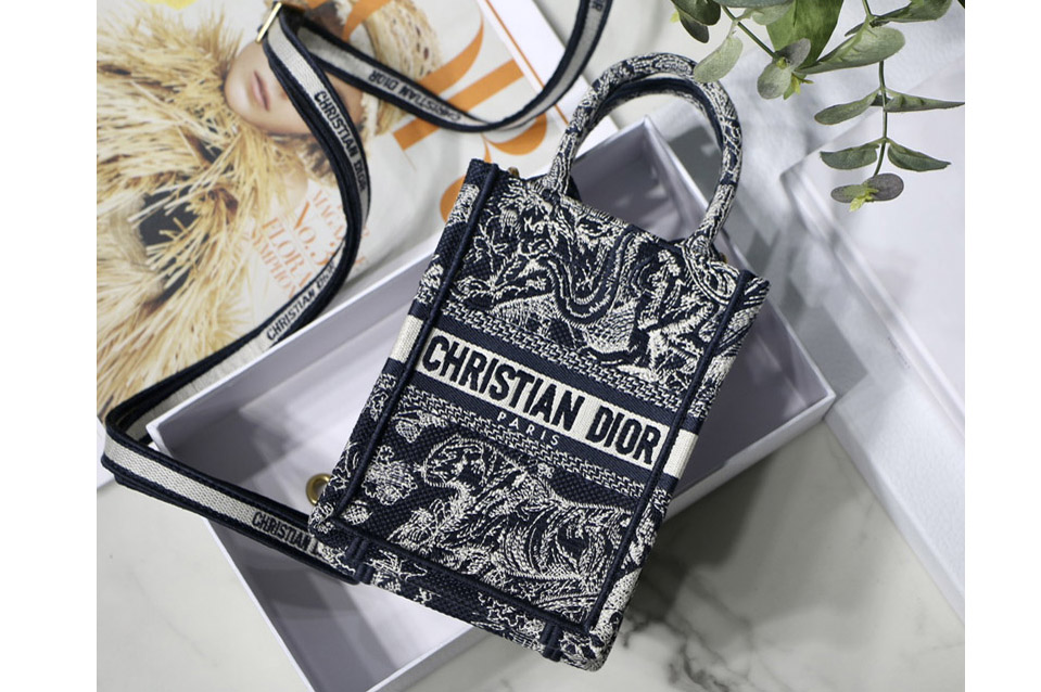 Dior S5555 Christian Dior Mini Dior Book Tote Phone Bag in Blue Toile de Jouy Reverse Embroidery