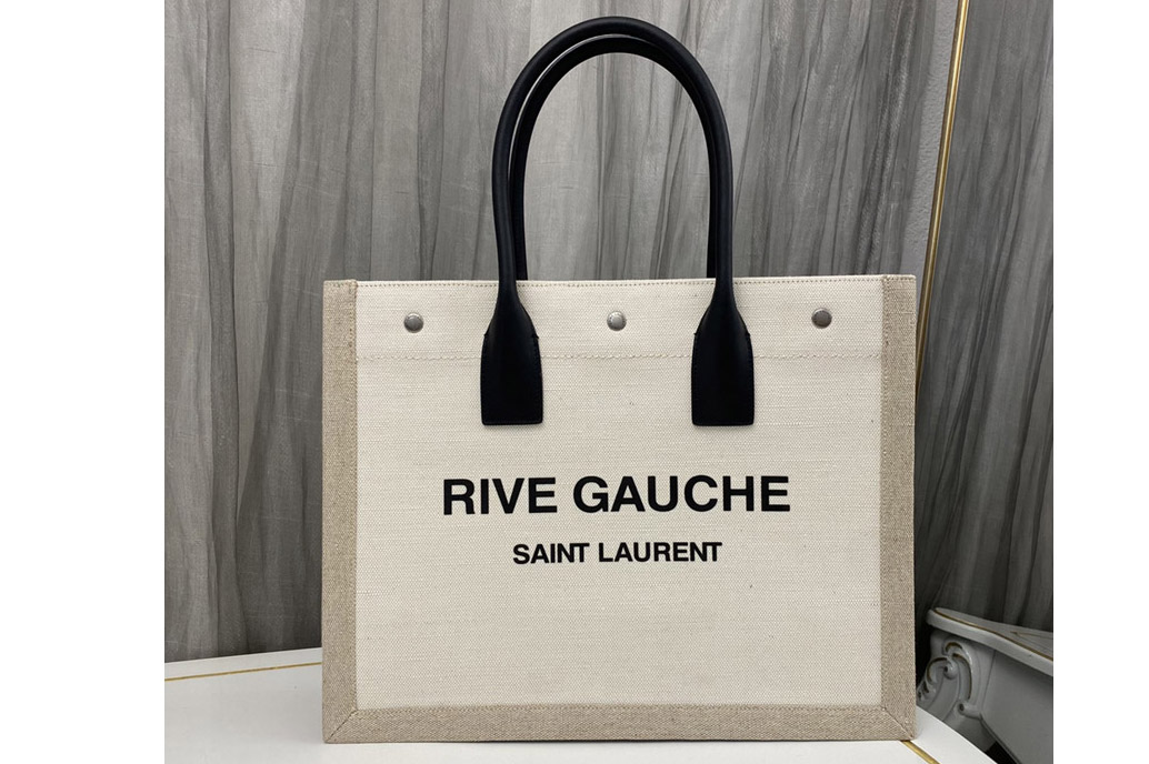 Saint Laurent 617481 YSL RIVE GAUCHE SMALL TOTE BAG IN LINEN AND LEATHER