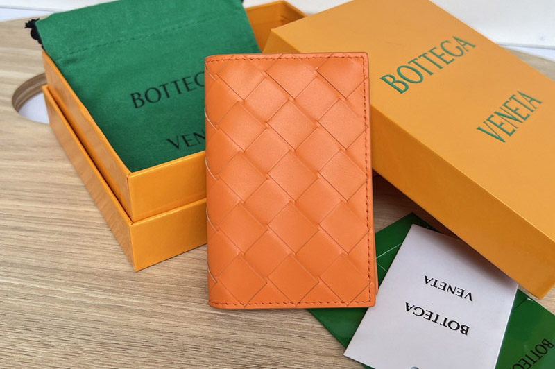 Bottega Veneta 592619 Flap Card Case in Orange Intrecciato leather