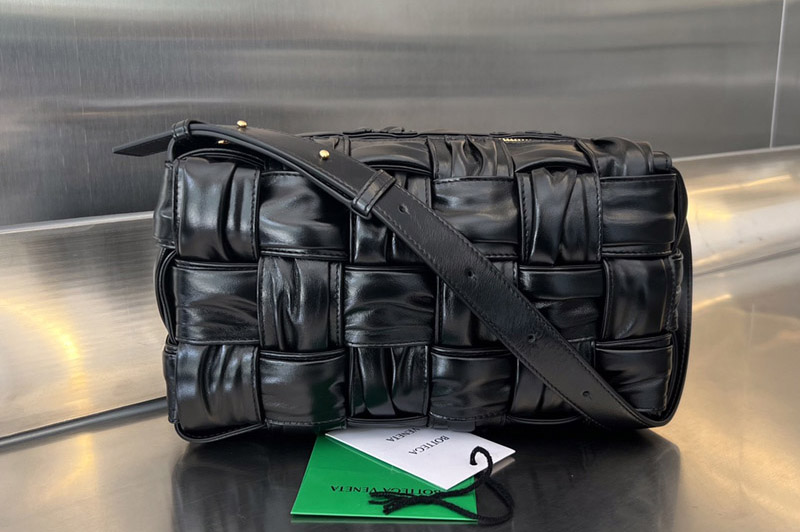 Bottega Veneta 717090 Brick Cassette Bag in Black Foulard intreccio leather