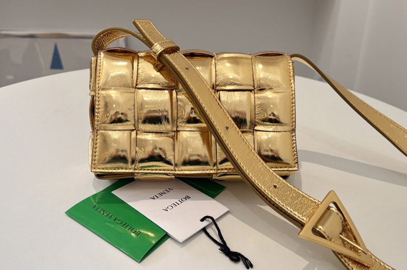 Bottega Veneta 717506 Small Padded Cassette Bag in Gold intreccio leather