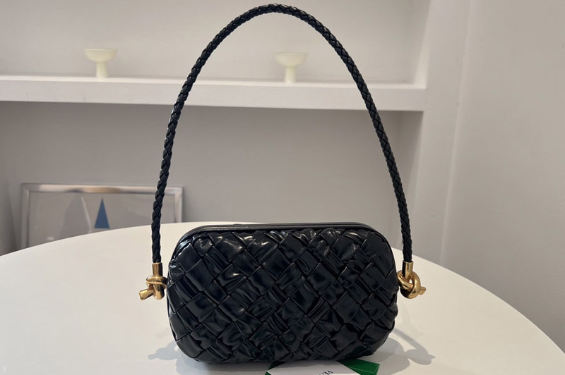 Bottega Veneta 717623 Knot on Strap Bag in Black Foulard intreccio leather minaudiere