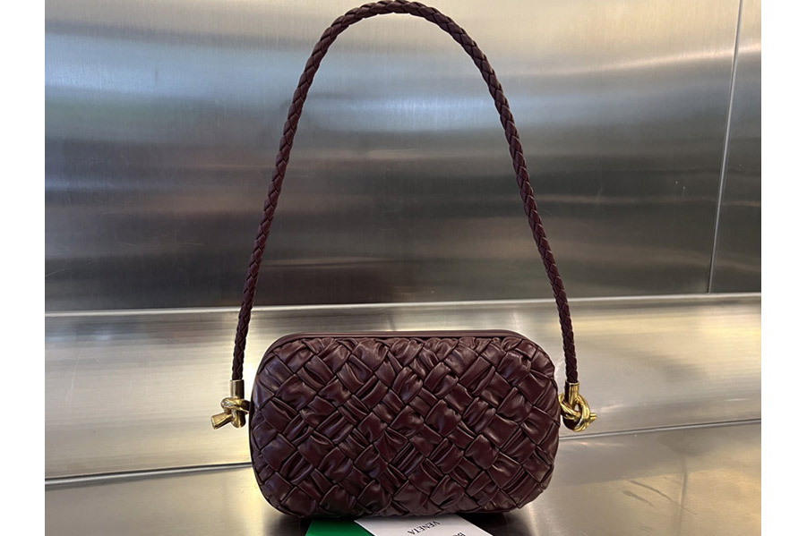 Bottega Veneta 717623 Knot on Strap Bag in Burgundy Foulard intreccio leather minaudiere