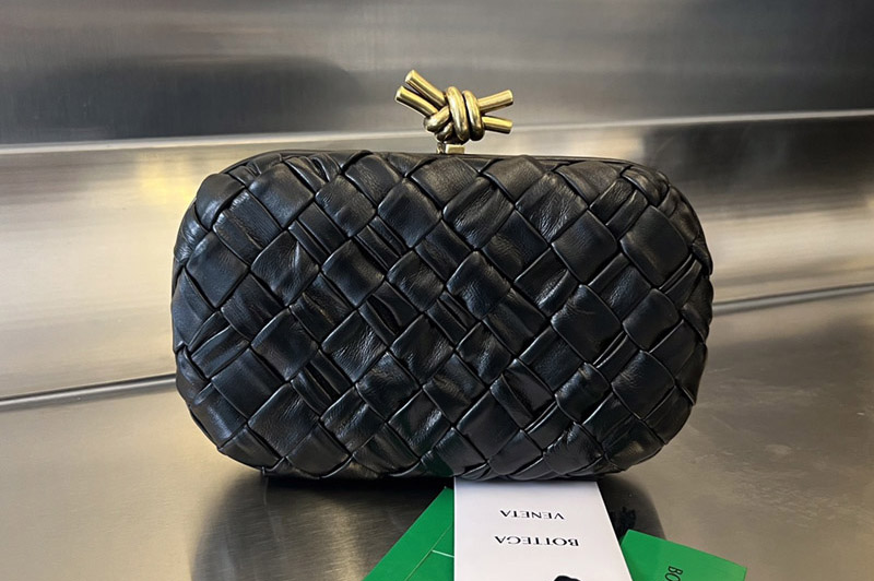 Bottega Veneta 717622 Knot Bag in Black Foulard intreccio leather minaudiere
