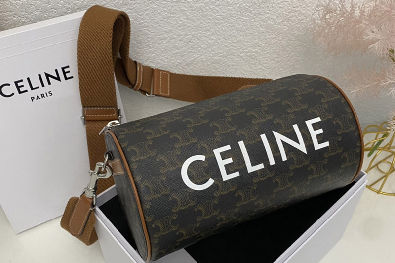 Celine 110052 CYLINDER BAG IN TRIOMPHE CANVAS XL WITH CELINE PRINT With Tan Calfskin Leather