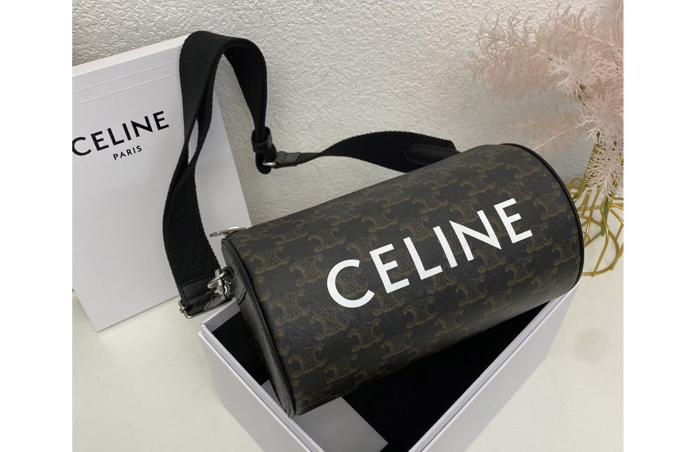Celine 110052 CYLINDER BAG IN TRIOMPHE CANVAS XL WITH CELINE PRINT With Black Calfskin Leather