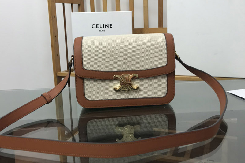 Celine 187366 CLASSIQUE TRIOMPHE BAG IN TEXTILE AND Tan CALFSKIN