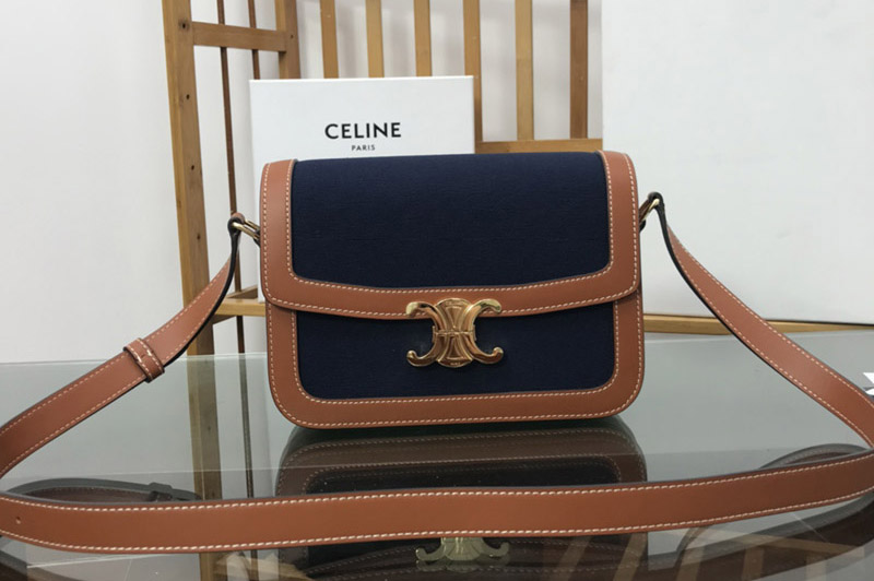 Celine 187366 CLASSIQUE TRIOMPHE BAG IN Blue TRIOMPHE CANVAS AND tan CALFSKIN