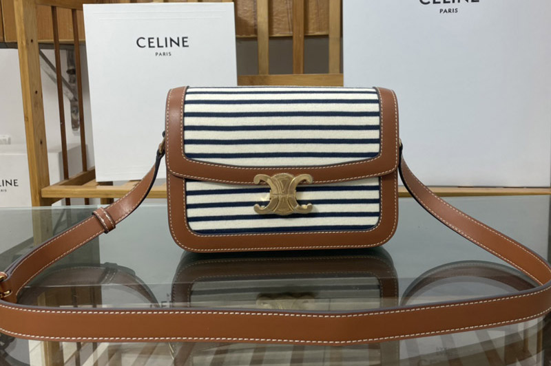 Celine 187366 CLASSIQUE TRIOMPHE BAG IN Navy Striped textile and Tan Calfskin