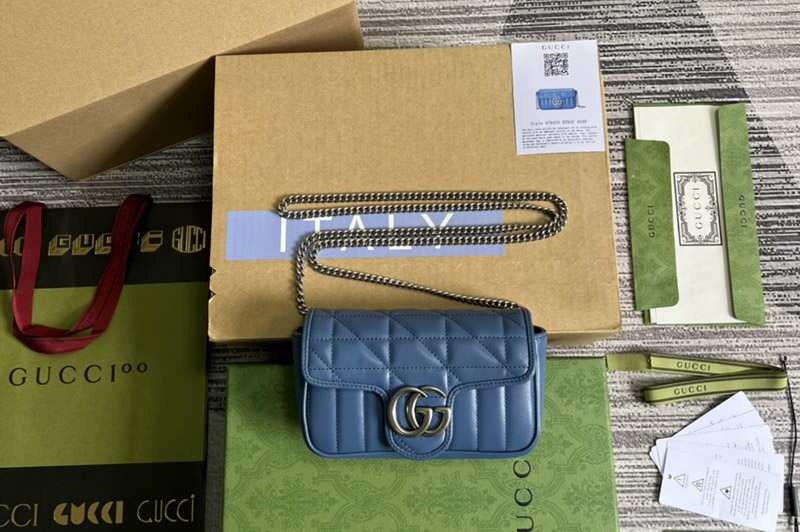 Gucci 476433 GG Marmont leather super mini bag in Blue matelassé leather