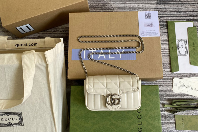 Gucci 476433 GG Marmont leather super mini bag in White matelassé leather
