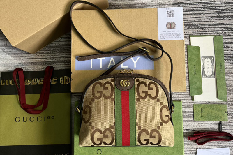 Gucci 499621 Ophidia GG small shoulder bag in Camel and ebony jumbo GG canvas