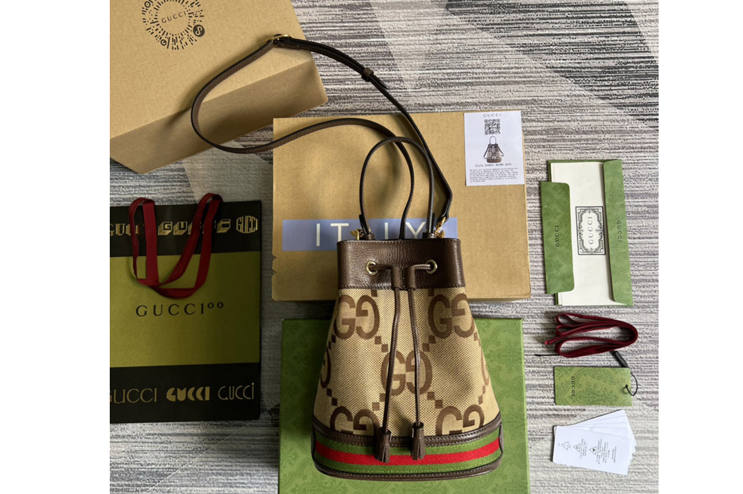 Gucci 550621 Ophidia GG small bucket bag in Camel and ebony jumbo GG canvas